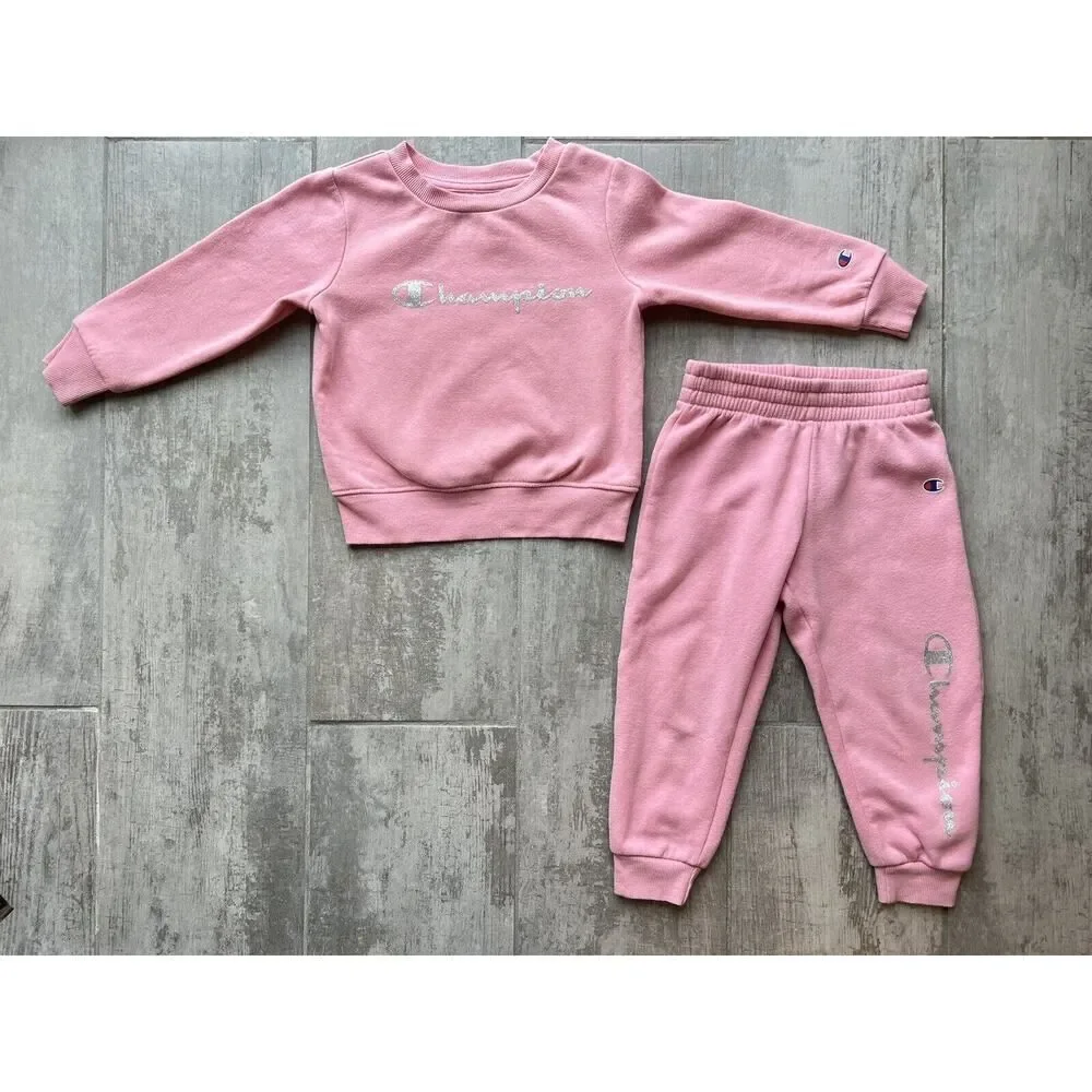 CHAMPION Toddler Girls 2 Piece Outfit Set Fleece Jogger Sweatshirt Sweatsuit 3T